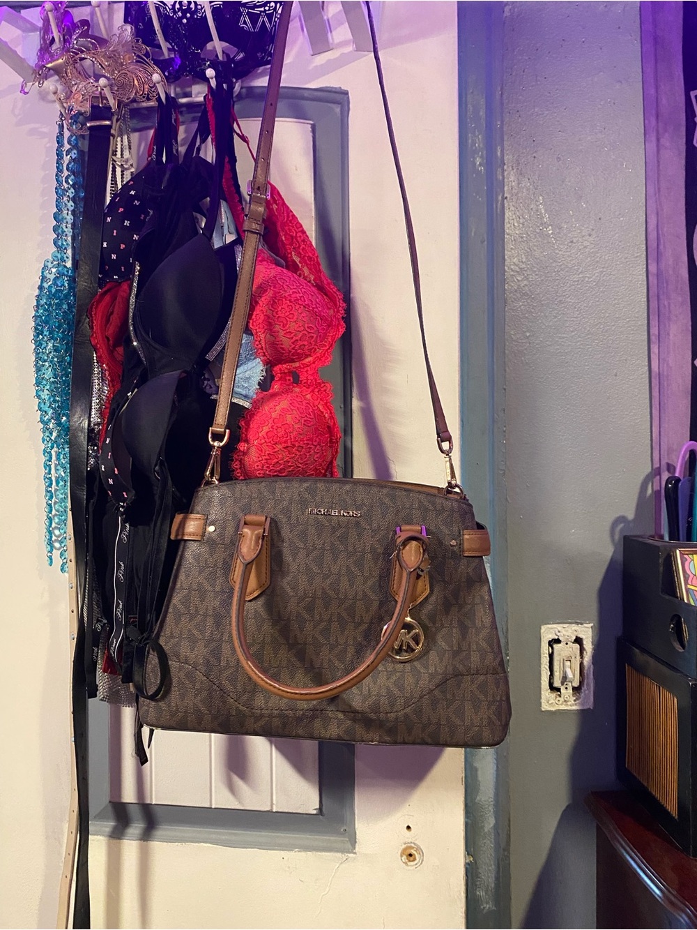 Michael Kors Brown MK Logo Satchel with Tan Trim